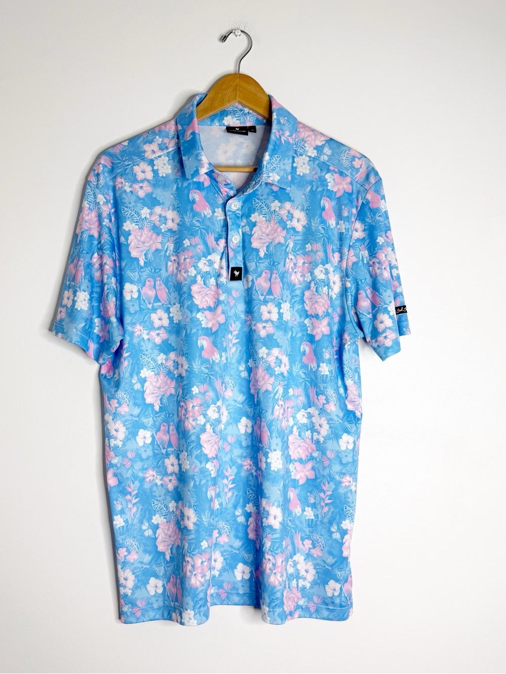 Bad Birdie Men’s XL Parrot Floral Golf Polo Blue Tropical Performance Shirt